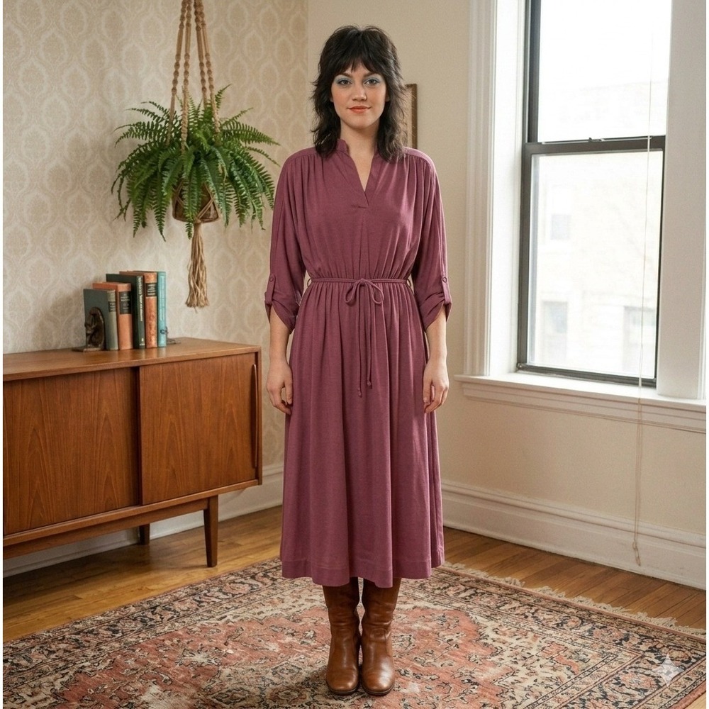 Vintage 70s David Warren Dress Womens Size 8 Plum Purple ILGWU Union‎ Made Midi